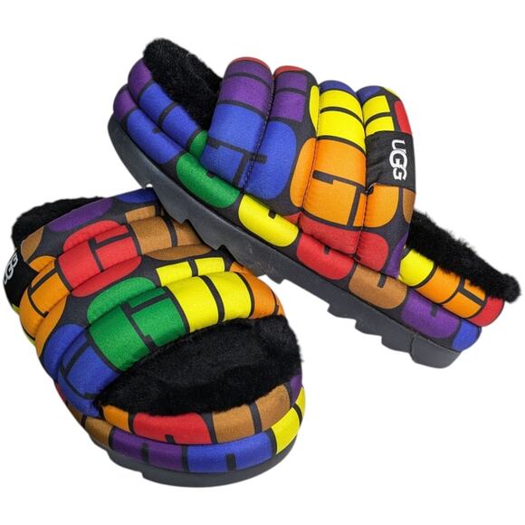 UGG Pride Maxi Rainbox Puff Slide Platform Sandals Womens 7 Multicolor Faux Fur - Picture 11 of 11